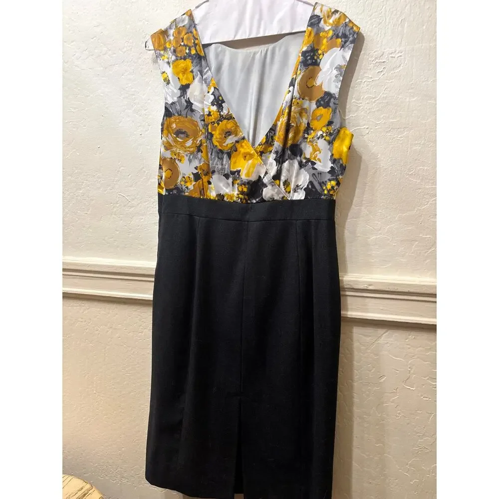 J.Crew Silk Wool Sheath Dress Size 8 Yellow Floral Print Black Skirt Sleeveless